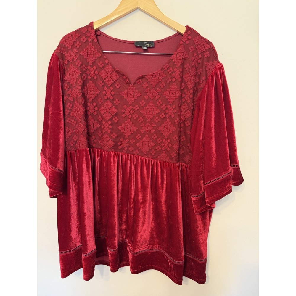 Suzanne Betro Top Tunic Red Velvet Lace‎ 3x Sleeves Holiday